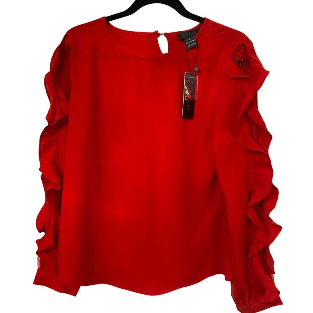 NWT Gracia red blouse with ruffle sleeves size L